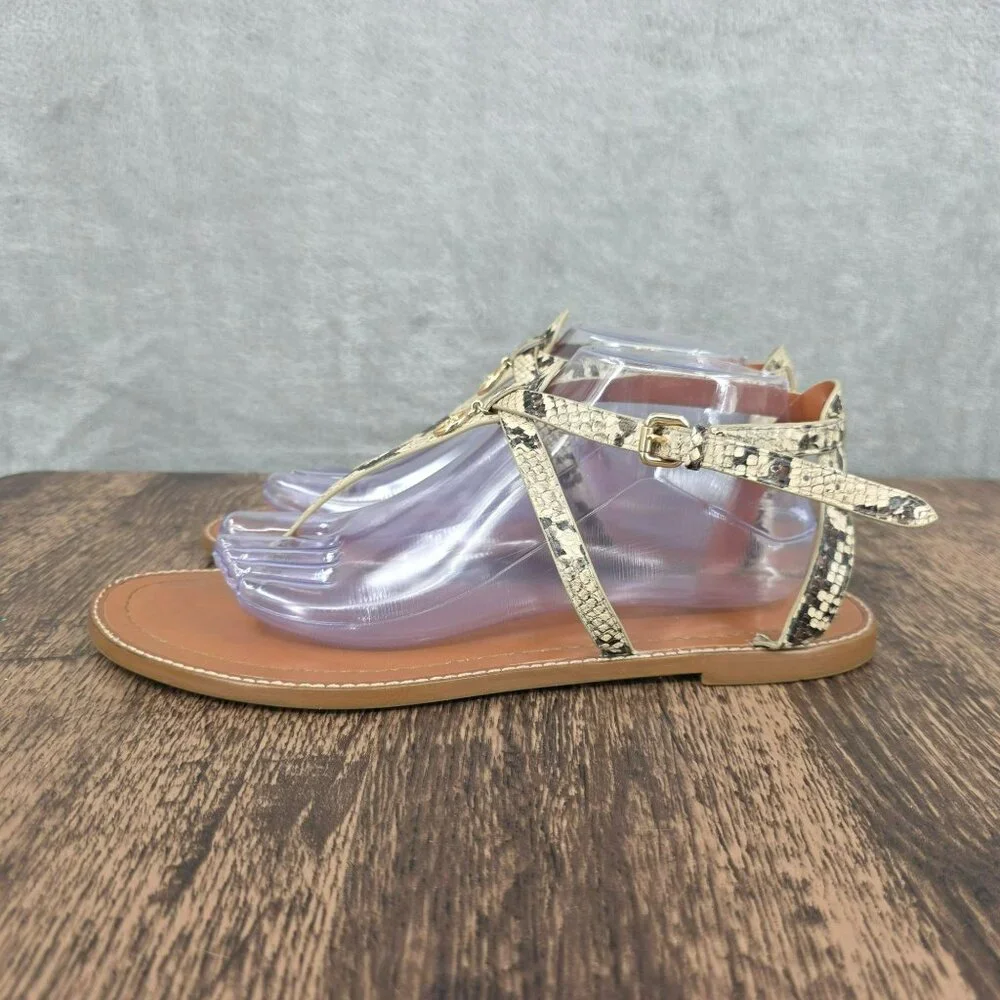 Coach Lydia T Strap Sandals 11 Snake Print Ankle Buckle Logo Strappy Flat Beachy